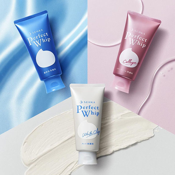 Sữa rửa mặt Senka Perfect Whip có 3 màu xanh dương, trắng, hồng